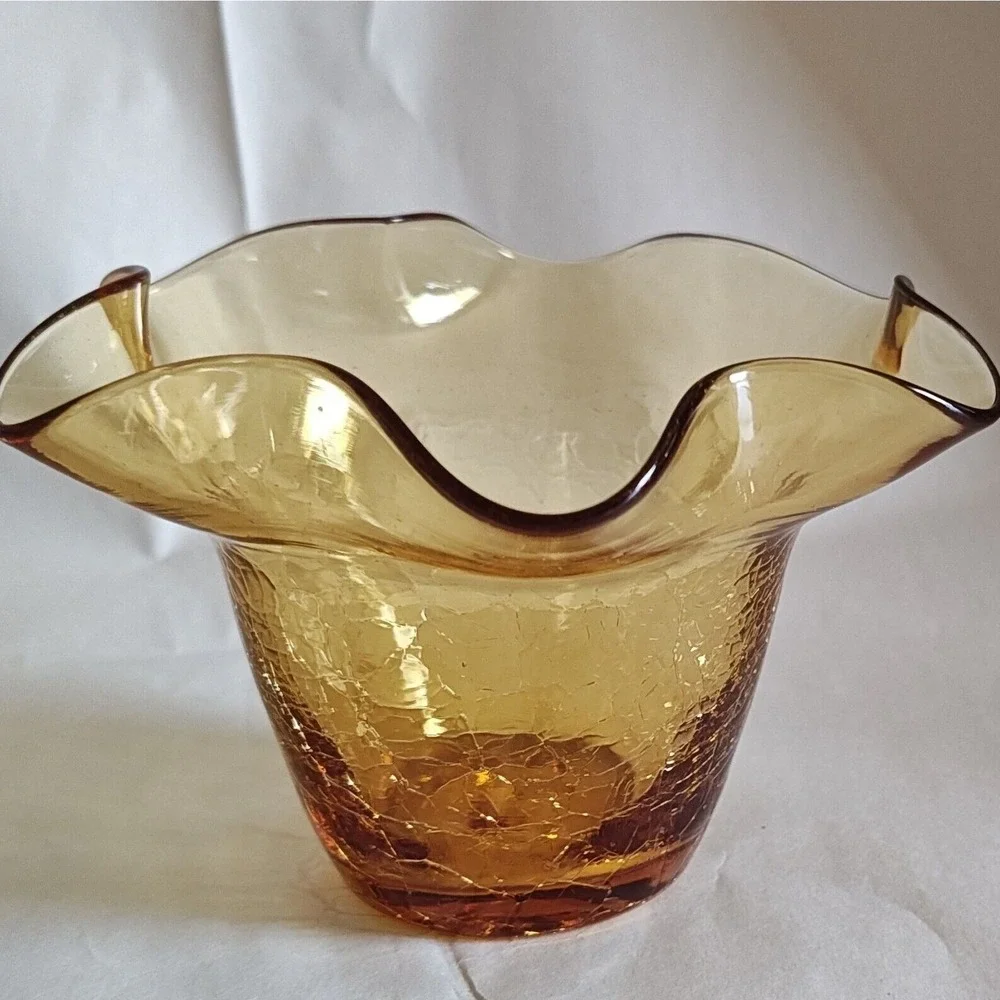 Rainbow Amber Crackle Glass Pitcher and Vase Set Ruffled‎ Rim Vintage Decor 6.5